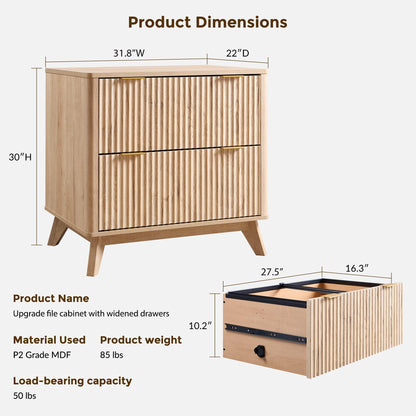 T4TREAM 2 Drawer File Cabinet, 31.8" Fluted Lateral File Cabinet w/Files Hanging Rod for Letter/Legal/A4, Large Tabletop for Printer, Office Wood Printer Cabinets, Natrual Oak