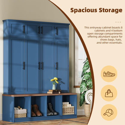 Hall Tree with Bench and Shoe Storage Compartments for Entryway, Particle Board Multi-Functional Cabinet with 4 Hanging Hooks, Blue