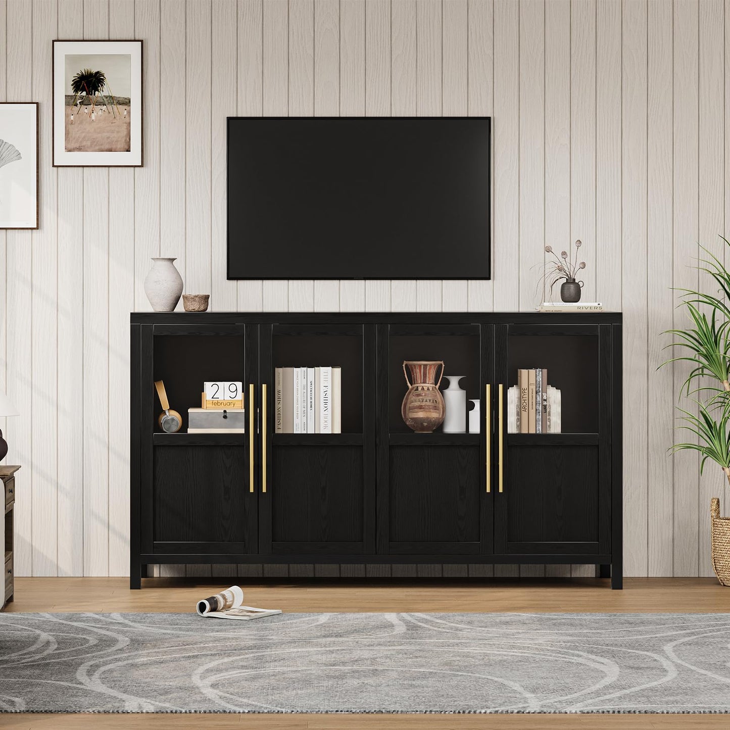 GarveeHome Sideboard Buffet Cabinet with 4 Glass Doors, 55 in Buffet Table Coffee Bar Wine Bar Display Cabinet for Kitchen Dining Room, Living Room (Glass with 4 Doors, Dark)