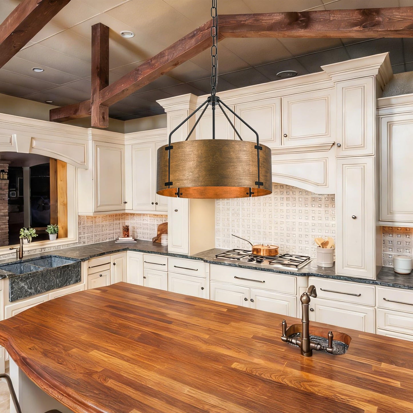 Kunlinzhu Drum Chandeliers for Dining Room,22 in Copper Bronze Metal Dining Room Light Fixture Over Table, Industrial Modern Farmhouse Pendant Light for Kitchen,Entryway,Living Room