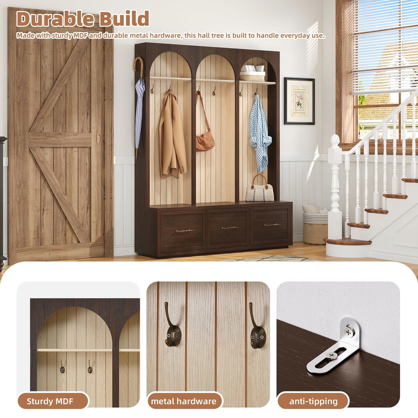 Merax Farmhouse Wood Hall Tree with Shoe Bench and 3 Drawers, 4-in-1 Coat Rack with 8 Hooks for Entrance, Hallway, Mudroom Dark Walnut