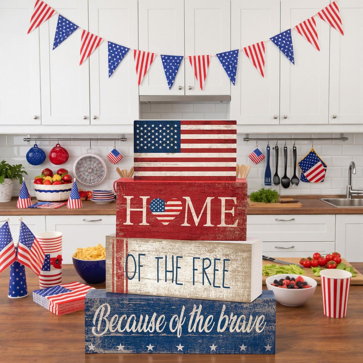 CroBlissful 4 Pcs 4th of July Decorations Patriotic Memorial Day Tabletop Decorations Red White Blue Table Centerpieces Sign for Office Tiered Tray Home Shelf 250th Anniversary(Flag)