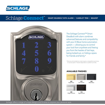 SCHLAGE BE469ZP CAM 605 Connect Smart Deadbolt With Alarm Inbuilt Camelot Trim In Bright Brass