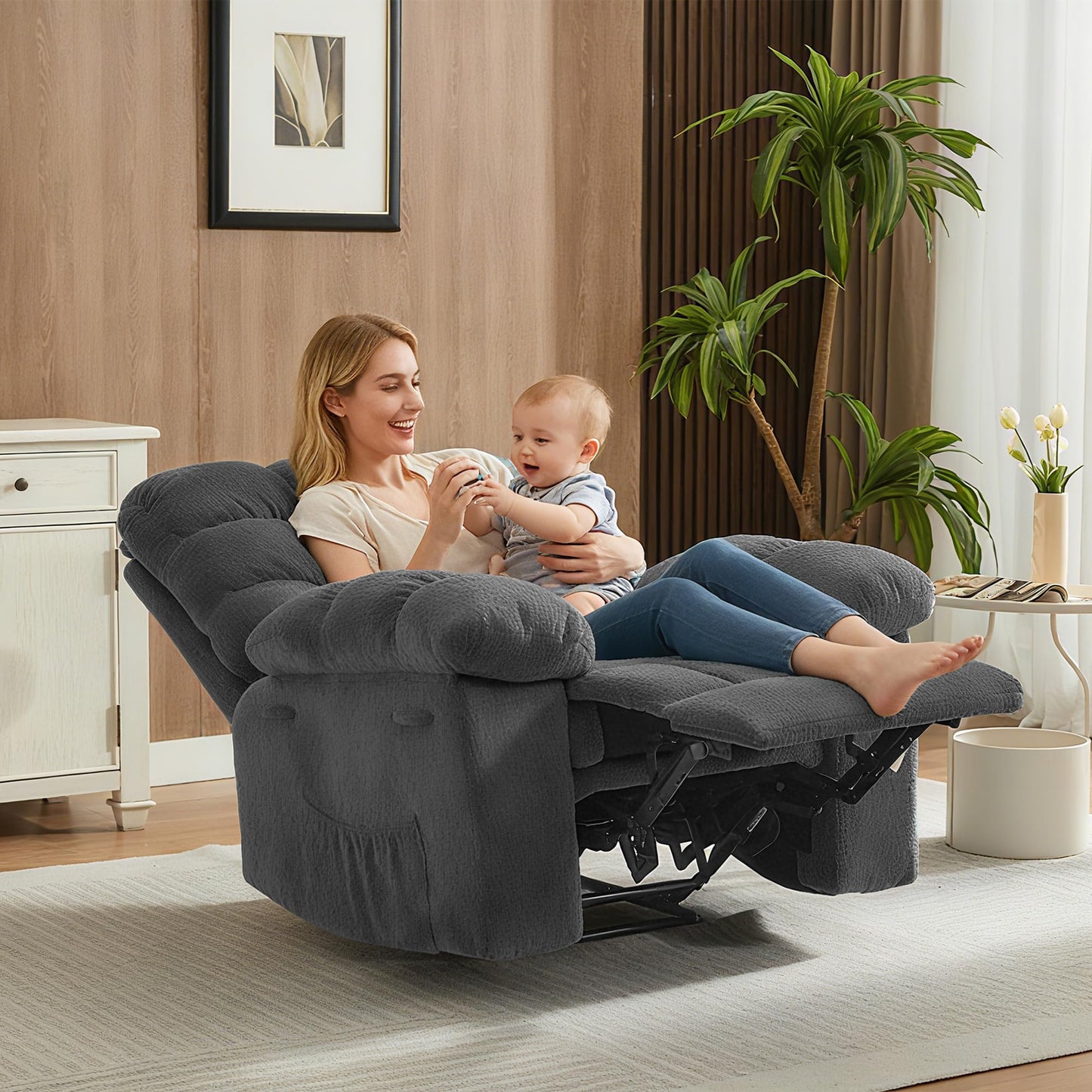 21.2'' Manual Recliner Chair,Ergonomic Overstuffed Breathable Fabric Reclining Chair with Side Pockets,Q235 Steel Frame Lazy Boy Recliner Single Sofa for Living Room Bedroom