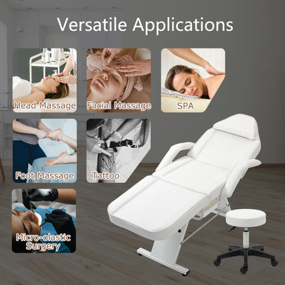 Massage Salon Tattoo Chair with Two Trays Esthetician Bed with Hydraulic Stool,Multi Purpose 3 Section Facial Bed Table, Adjustable Beauty Barber Spa Beauty Equipment, White