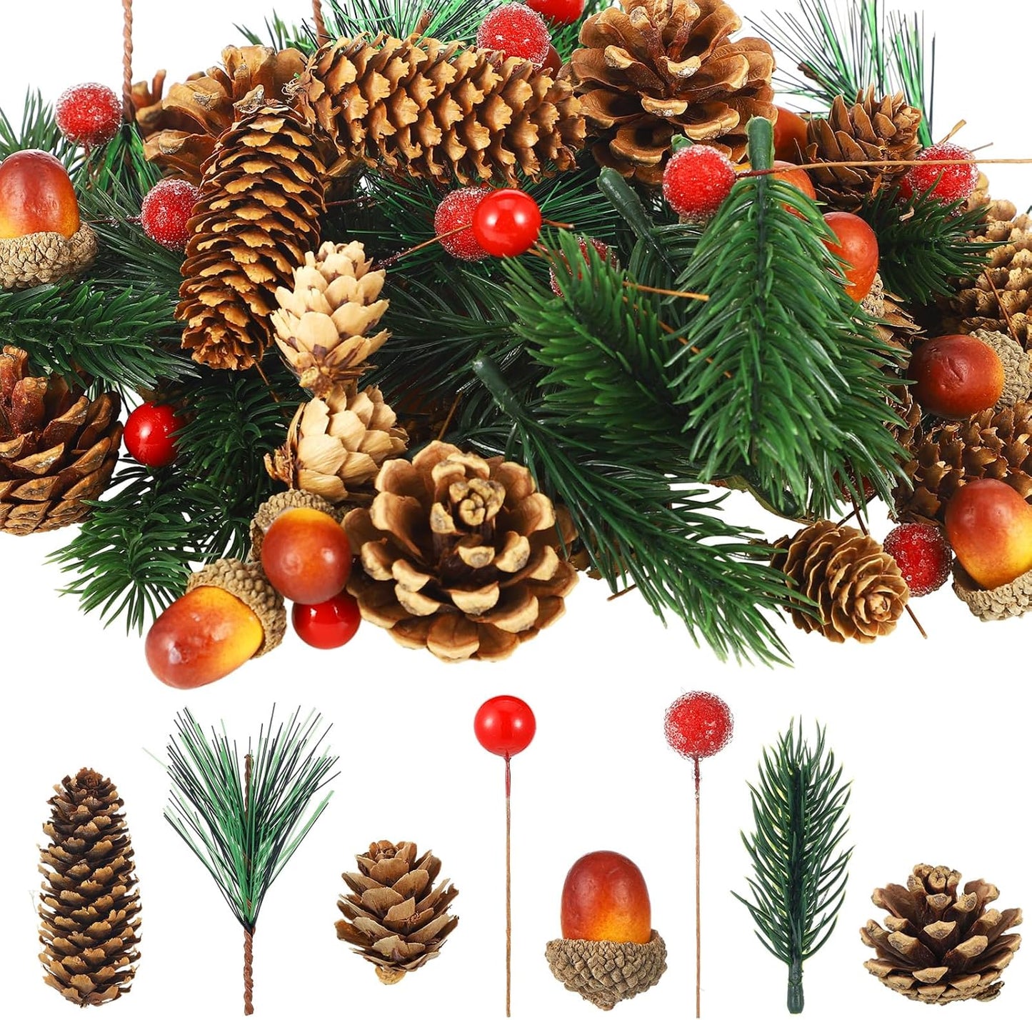 180 Pcs Christmas Pine Cones and Holly Berry Craft Set, Natural Pine Branch Decorations for DIY Home Gifts