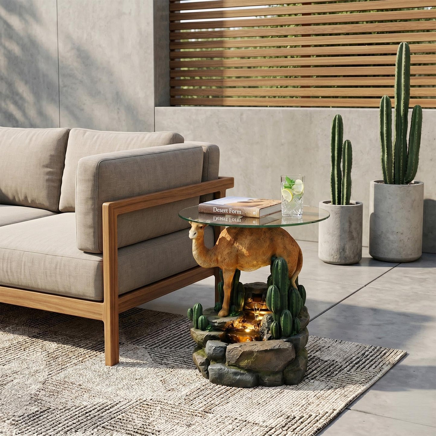 Camel & Cacti 4-Tier Waterfall Outdoor Indoor Side Table 22.8" H Glass Top Fountain with LED Lights Resin Desert Decor End Table for Garden Patio Living Room Balcony