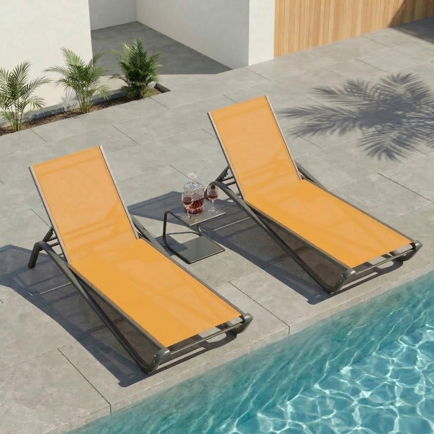 Patio Kingdom 3-Piece Patio Chaise Lounge Set with Side Table, Set of 2 Adjustable Pool Chairs and Aluminum Bistro Table, All-Weather Outdoor Furniture for Pool Deck, Patio & Tanning, Solar Orange