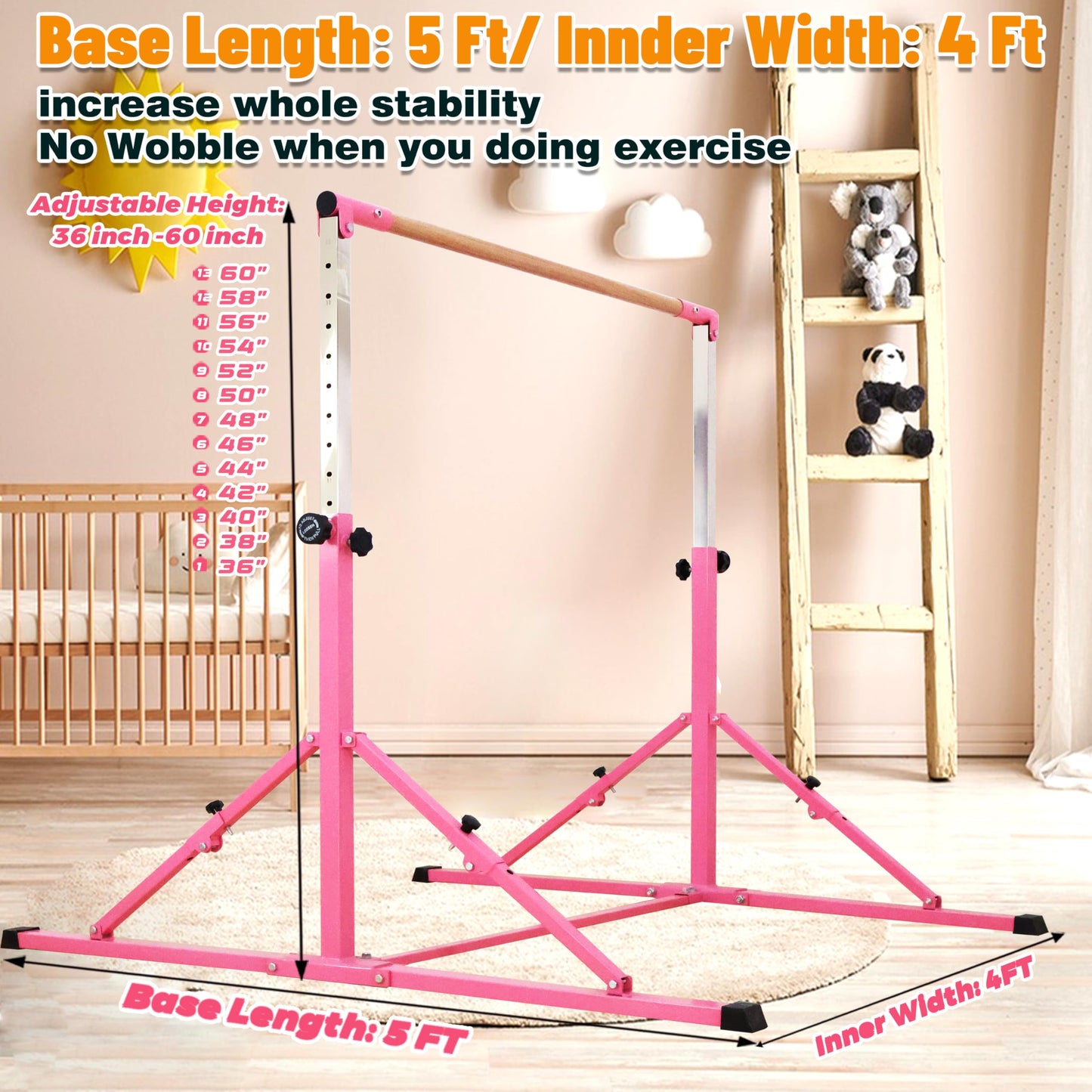 Marfual 5 Ft Fold Gymnastic Bar with Mat Kip Bar with Mat with Professional 4 Ft Width for Kids and Girl and Teenage Home and Club Use
