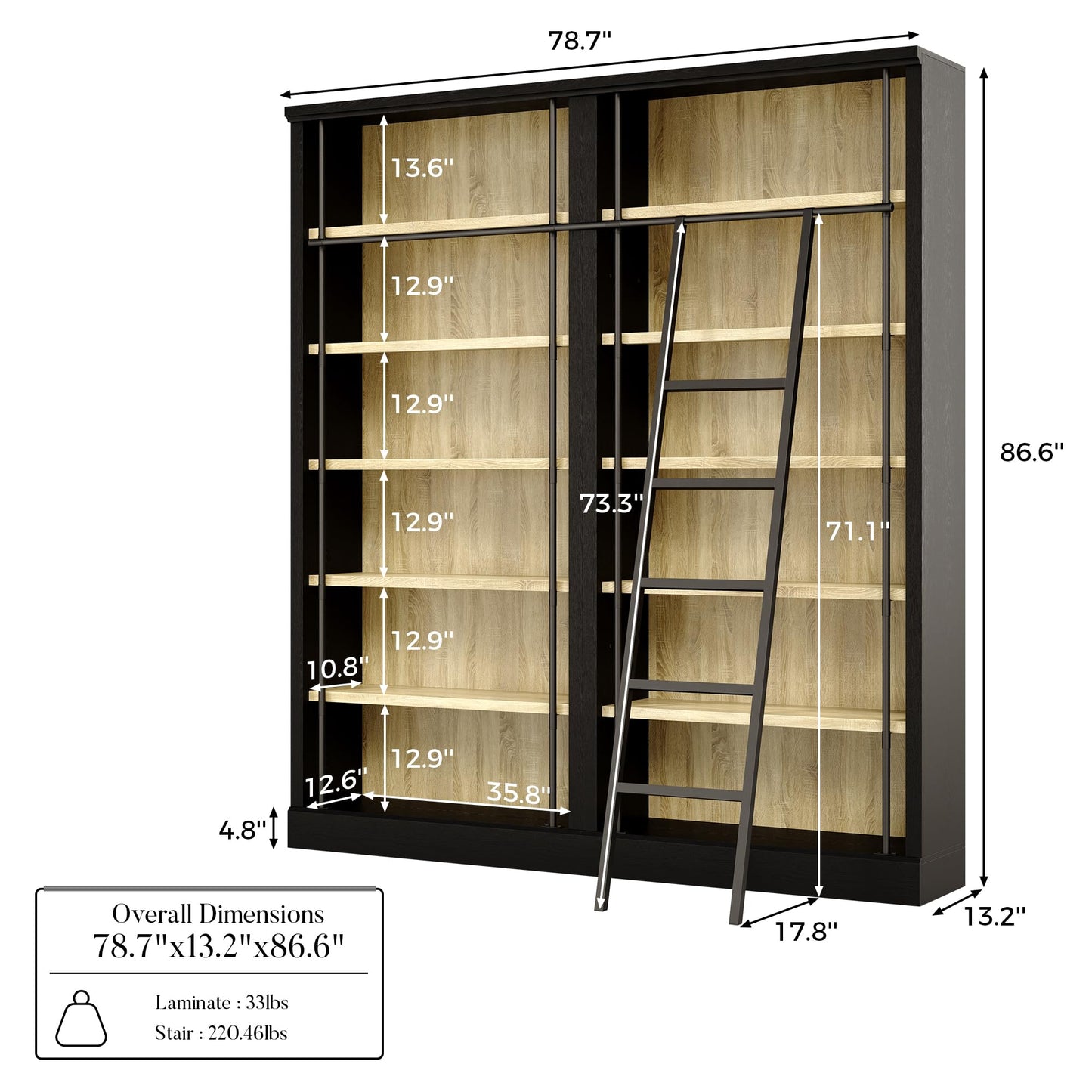 Homsee Traditional 86.6-inch Tall Bookcase Wall with Ladder, 6-Tier Office Bookshelf Storage Organizer, Display Shelf Unit for Home Office, Living Room, Black & Wood Grain