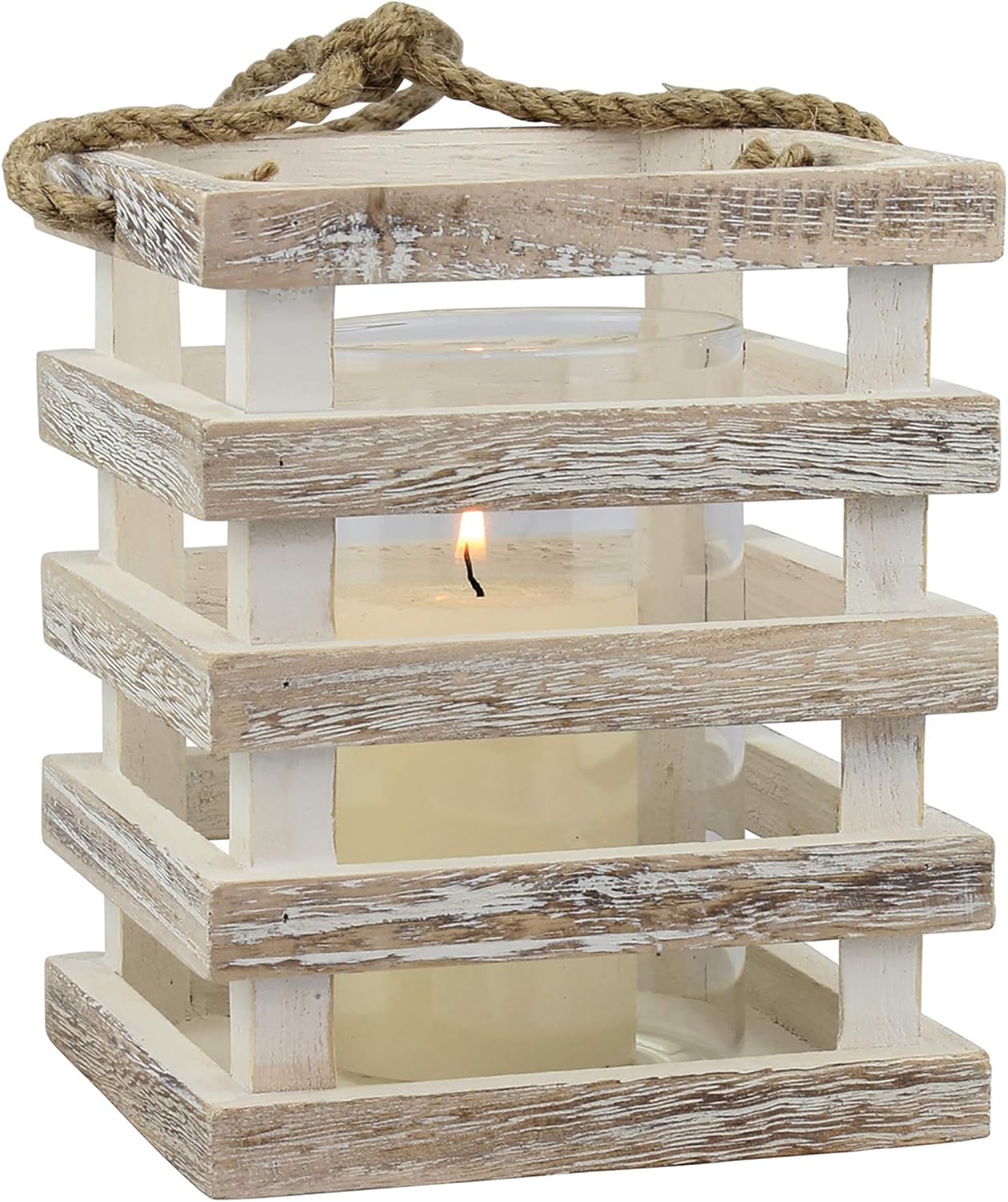 Stonebriar Small Worn White Wooden Candle Lantern with Removable Glass Cylinder Hurricane and Rope Handle