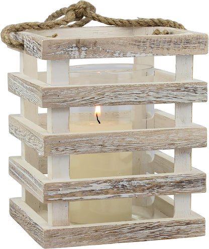Stonebriar Small Worn White Wooden Candle Lantern with Removable Glass Cylinder Hurricane and Rope Handle