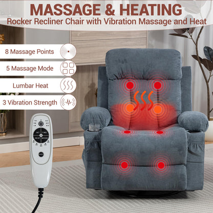 WiNVO 360° Swivel Rocking Chair, Rocker Recliner Chair with Vibration Massage and Heat, Ergonomic Lounge Chairs with Rocking Function and Side Pocket, Cup Holders, Blue