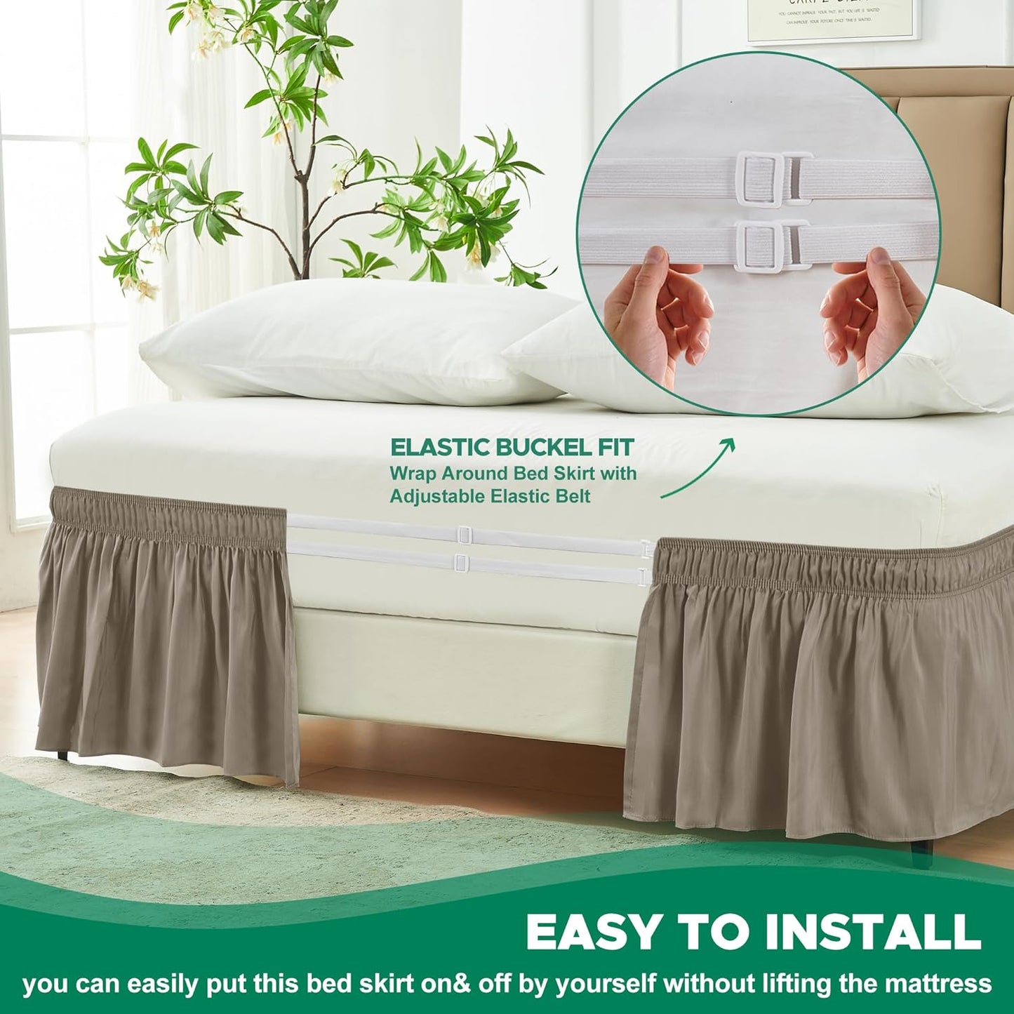 Biscaynebay Wrap Around Bed Skirts for Full & Full XL Beds, 15" Drop, Taupe
