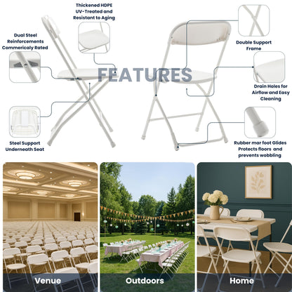 BTEXPERT Set of 50,Indoor Outdoor White Plastic Folding Chairs Stacking Steel Frame Commercial 650LB Weight Capacity Seating Home Yard Garden Wedding Event Party Picnic Dining Church School Portable