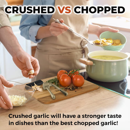 Zulay Kitchen Large Premium Garlic Press Set - Bigger Bowl for Bigger Garlic - Rust Proof Garlic Mincer Tool - Easy-Squeeze, Easy-Clean Silicone Garlic Peeler & Brush (Silver)
