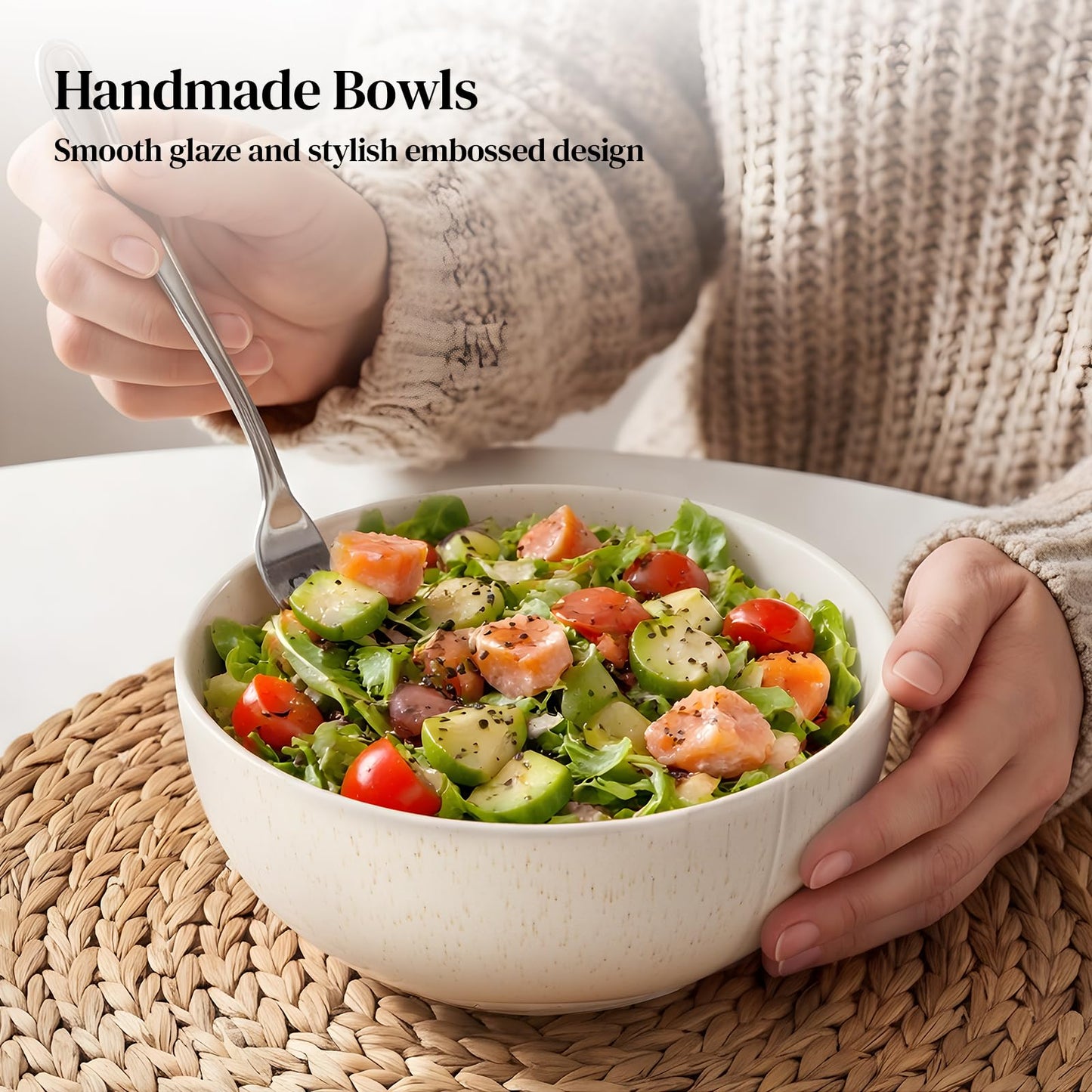 DOWAN 32 OZ Soup Bowls Set of 4, 6" Large Deep Ceramic Bowls with Embossed Sesame Glaze for Kitchen, Oatmeal, Soup, Salad, Fruit, Dishwasher & Microwave Safe