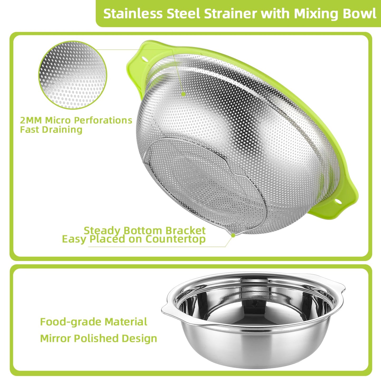 AHIABOAT Colander Stainless Steel Microporous, 2QT Rice Strainer with Mixing Bowl, Rice Washer Bowl Set with Handle, Food-Grade Strainers and Colanders for Kitchen, Pasta, Fruit, Dishwasher Safe