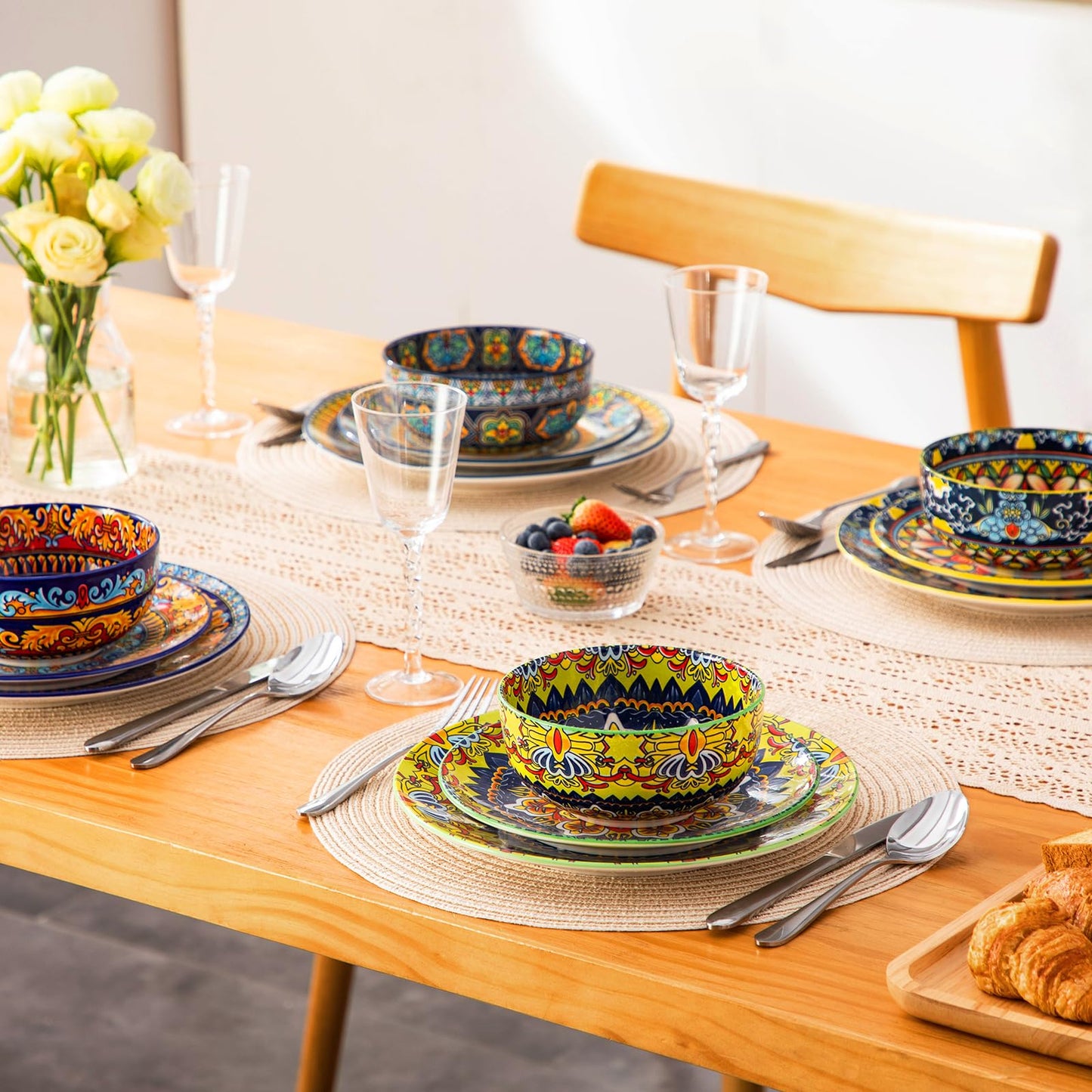 vancasso Plates and Bowls Sets,12-Piece Porcelain Dinnerware Set Service for 4, Bohemian Style Dishes Set for 4, Kitchen Dinner Set, Microwave and Dishwasher Safe, Scratch Resistant, Series KRVI