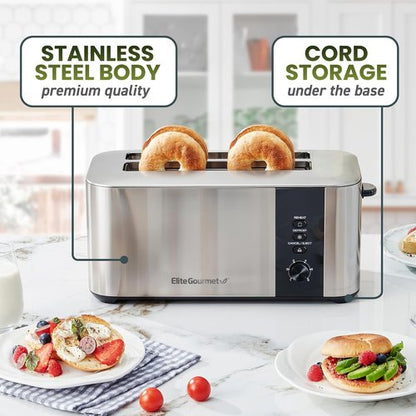 Elite Gourmet Long Slot 4-Slice Toaster - 1.5” Wide Slots, 6 Toast Settings, Stainless Steel Finish