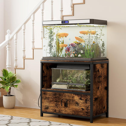 TQVAI 50-75 Gallon Fish Tank Stand with Power Outlets, Heavy Duty Aquarium Stand with Cabinet Storage Fish Tank Accessories, Large Reptile Terrarium Tank Stand, Black/Vintage