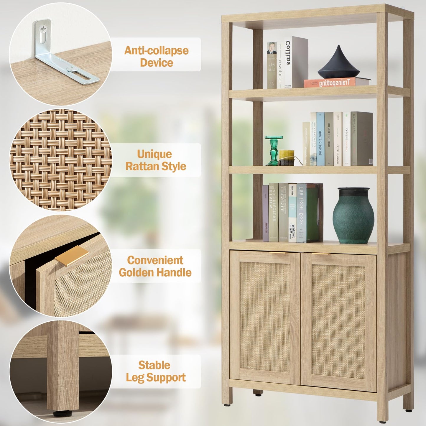 SICOTAS Bookshelf 5 Tier Book Shelf Rattan Boho 71" Tall Bookcase with Doors Storage Shelves Large Bookshelves Farmhouse Bookcases Library Book Case for Living Room Bedroom Home Office Kitchen