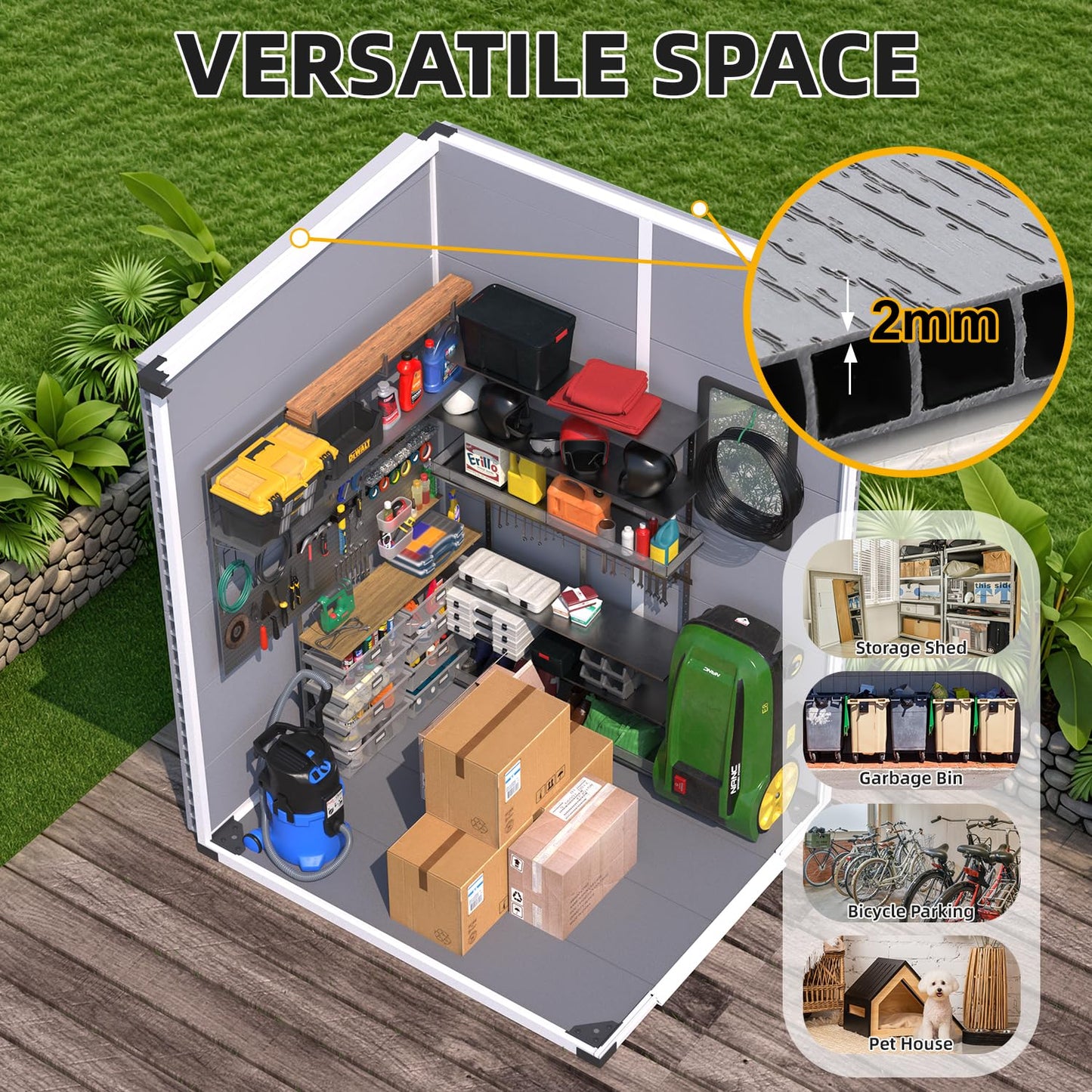 MELLCOM 5 x 4 FT Outdoor Storage Tool Shed with Windows and Lockable Door, Resin Outdoor Storage Shed with Floor, Resin Garden Shed for Garbage Can, Lawnmower, Bike