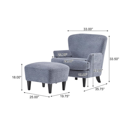 Merax Boucle Club Chair and Ottoman Set, Upholstered Accent Armchair with Ottoman, Modern Barrel Lounge Chair Set with Birch Wood Legs for Living Room Bedroom Office, Dusty Blue