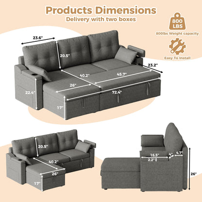 IDEALHOUSE Sofa Bed, L-Shaped Sectional Sleeper Sofa with Storage, Pull-Out Bed, Reversible Chaise, USB-C Ports, Washable Covers, Space-Saving Compact Design, Grey