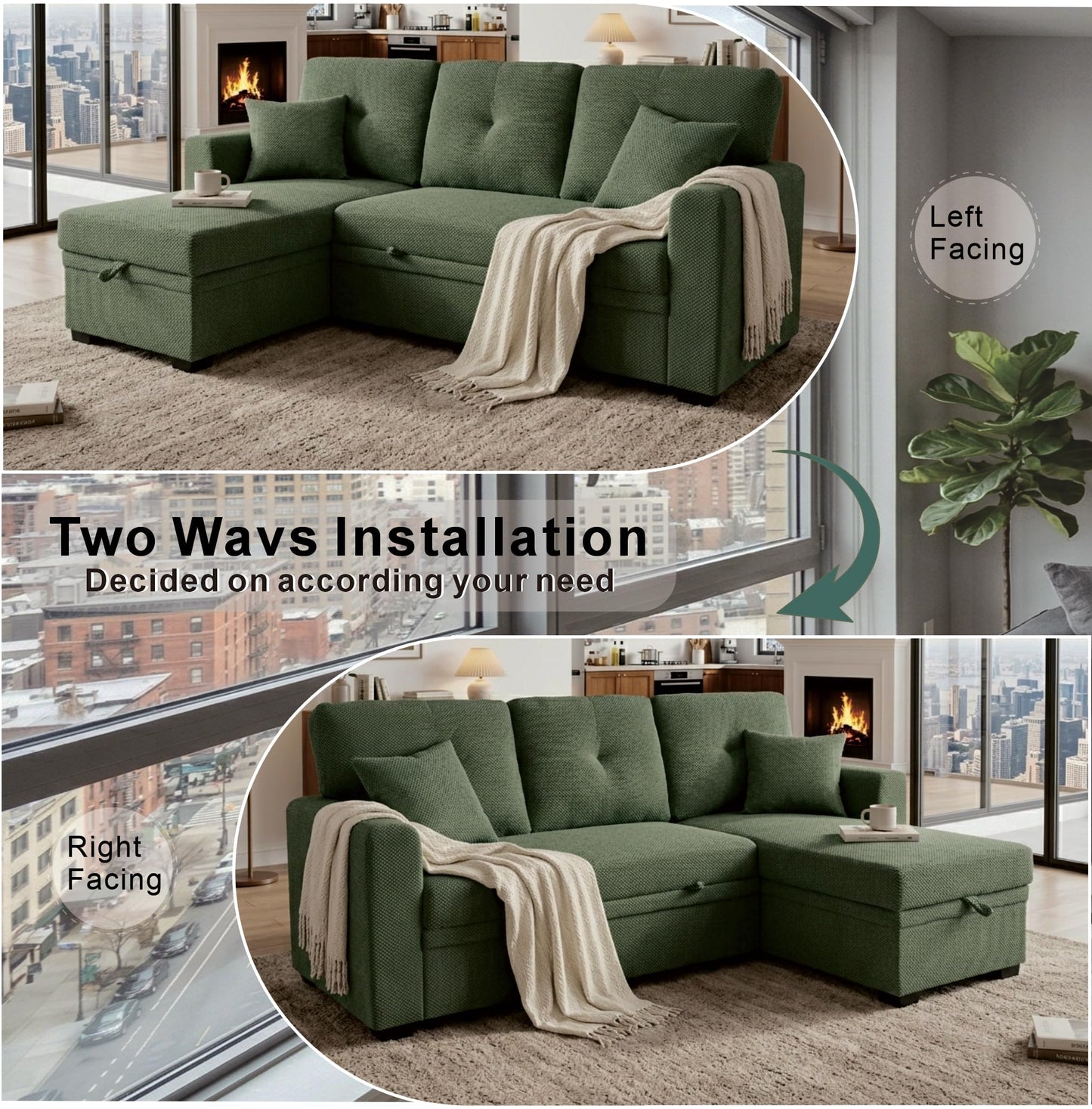 Eafurn 71" L Shaped Sectional Sleeper Sofa Bed with Pull Out Bed, Comfy Fabric Corner Sleeper Sectional Pull Out Couch with Tufted Backrest/Reversible Storage Chaise/2 Pillows