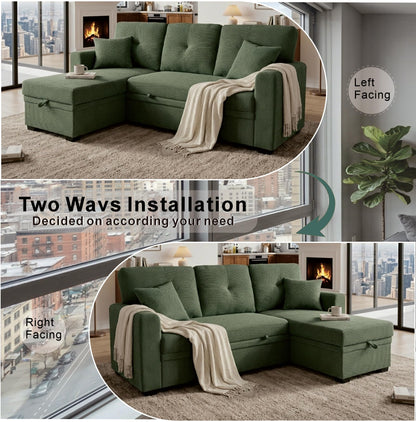 Eafurn 71" L Shaped Sectional Sleeper Sofa Bed with Pull Out Bed, Comfy Fabric Corner Sleeper Sectional Pull Out Couch with Tufted Backrest/Reversible Storage Chaise/2 Pillows