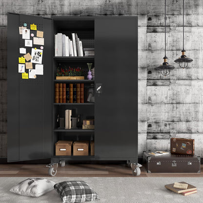 ANTISTA Large Metal Cabinet Two Lockable Doors Four Wheels,Four Adjustable dividers can be Used as Tool File Storage Suitable for garages Schools Gyms Offices