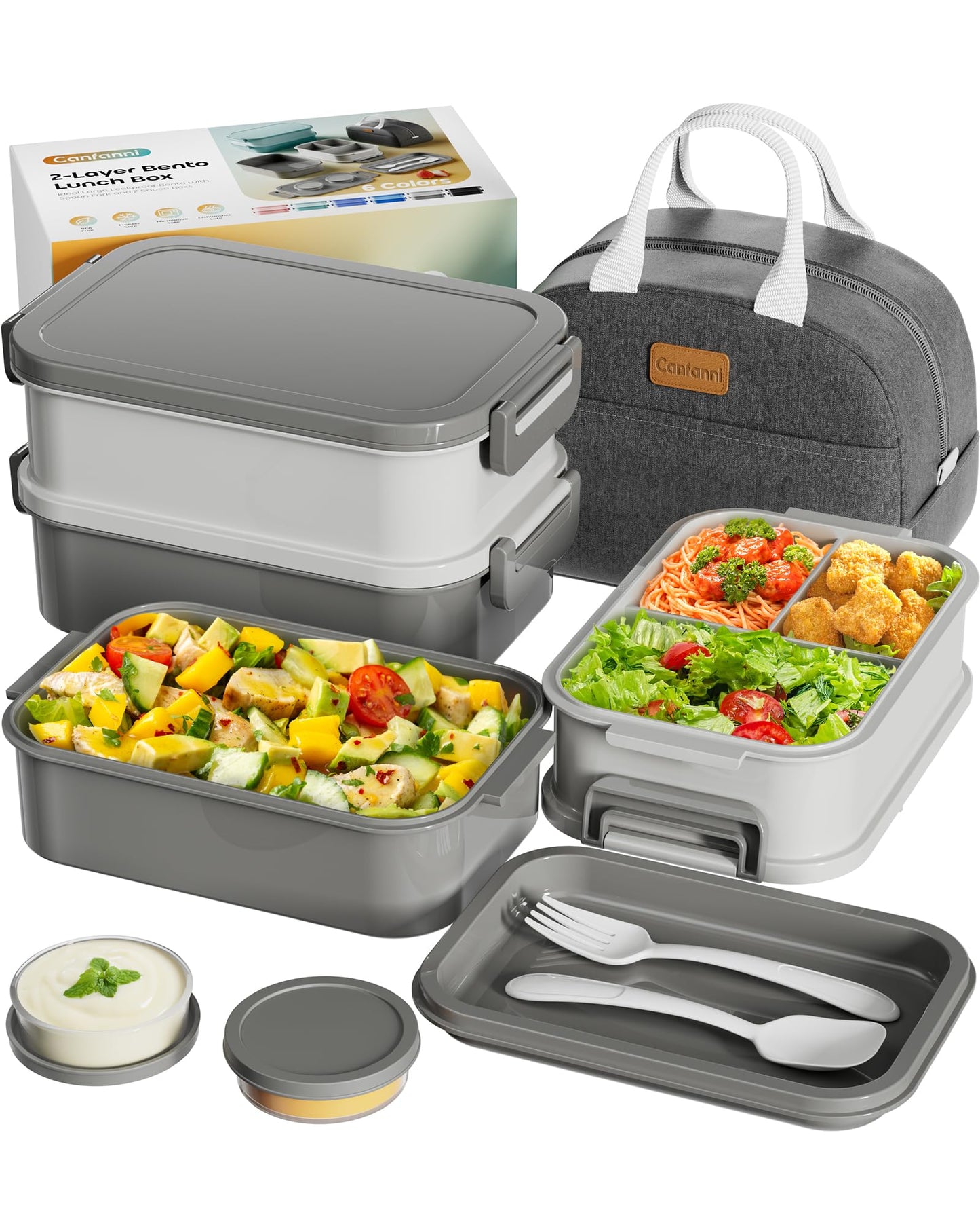 Adults Bento Box with Insulated Lunch Bag, 74oz Capacity 3 Stackable Leak-Proof Bento Box Built-In Utensil and Sauce, PFAS & BPA-Free, Microwave & Dishwasher Safe (Dusk Gray)