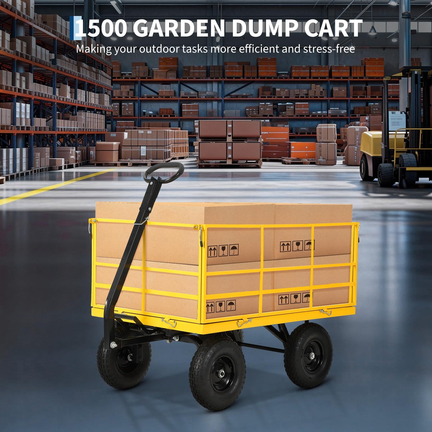Patikuin 1500 lbs Heavy Duty Steel Garden Cart – 4-in-1 Utility Wagon – Removable Mesh Sides – 13-Inch All-Terrain Wheels – Quick Dump – Outdoor Yard Wagon for Tools, Soil, Plants – Yellow