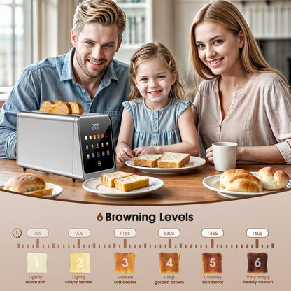 Touch Screen Toaster 2 Slice, Stainless Steel Smart Digital Toasters with Single Slot Toasting, Memory Function, 5 Bread Types & 6 Shade Settings,1.5" Wide Slot, 900W