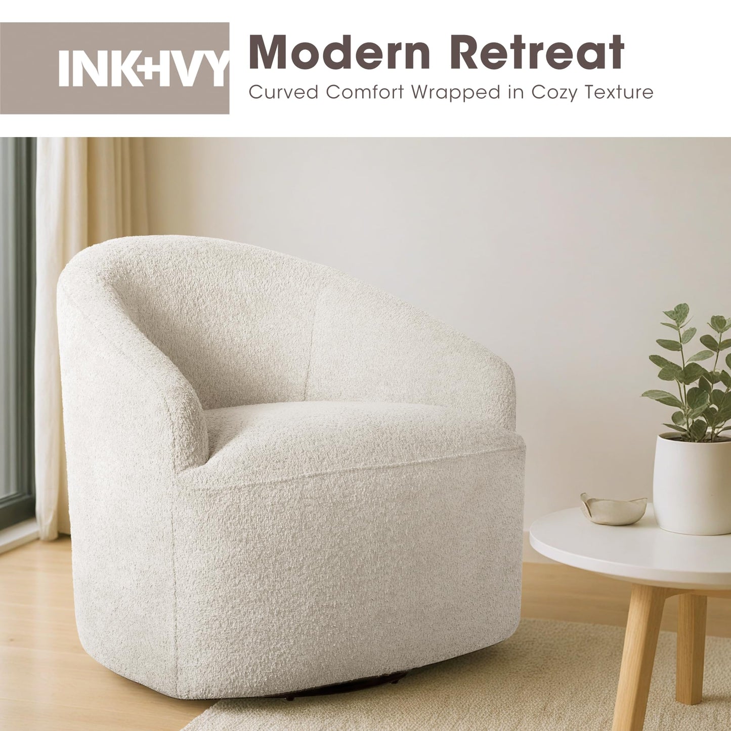 Ink+Ivy Bonn Swivel Accent Chair Cozy Plush Boucle Upholstered Barrel Chair for Living Room, Modern Family Room Sofa Bedroom Lounge Furniture, 30" W Cream