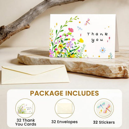 iinut 32 Floral Thank You Cards with Envelopes, 4x6 Inch Blank Cards with Vibrant Designs, Note Cards made from 300gsm Cardstock, Blank Notes for Graduation, Anniversaries, Baby Showers