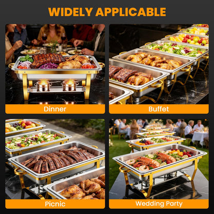 POWERFUEL Chafing Dishes for Buffet, 4 Pack 9QT Large Full Size Gold Chafing Dish Set, Rectangular Chafing Pans with 4 Gold Tongs, Stainless Steel Food Warmer for Party, Catering, Wedding