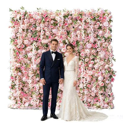 5D Realistic Rose Flower Wall Backdrop, 8×8FT Reusable Flower Wall Panel, Easy to Install & Store, Ideal for Wedding, Birthday Party & Home Decoration, Pink, Without Stand
