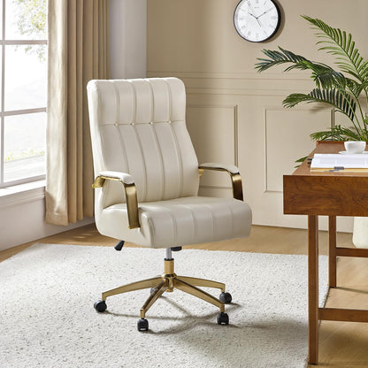 HULALA HOME Modern Executive Office Chair, Faux Leather Tufted Ergonomic Desk Chair with Gold Plated Base & Armrests, 360° Swivel Adjustable Height Tilt Home Office Chair for Work/Study