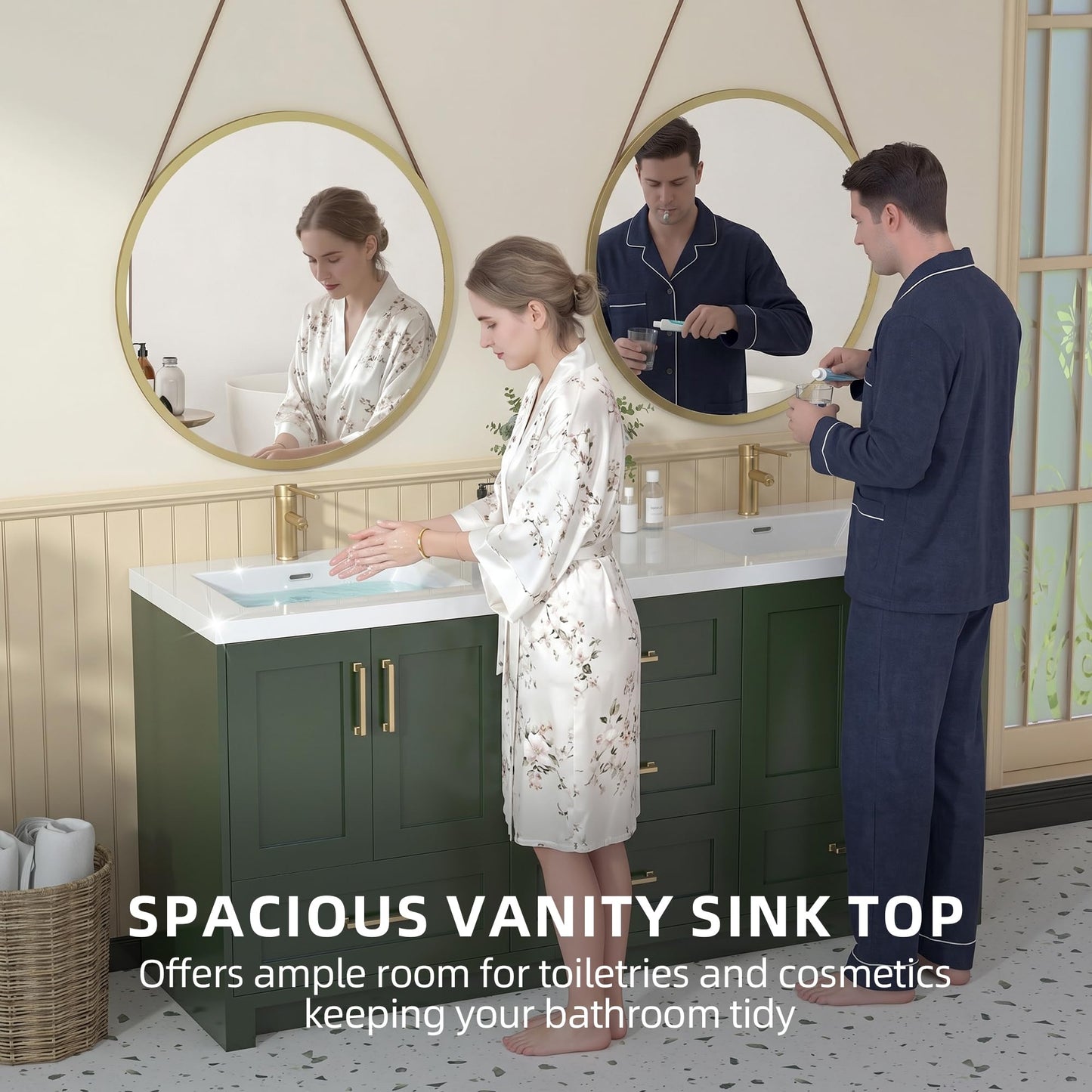 72 x 22 White Vanity Top with Sink Solid Surface Bathroom Vanity Sink Top with Double Sink Integrated Basin and Overflow in Glossy Pure White, Cabinet Not Included