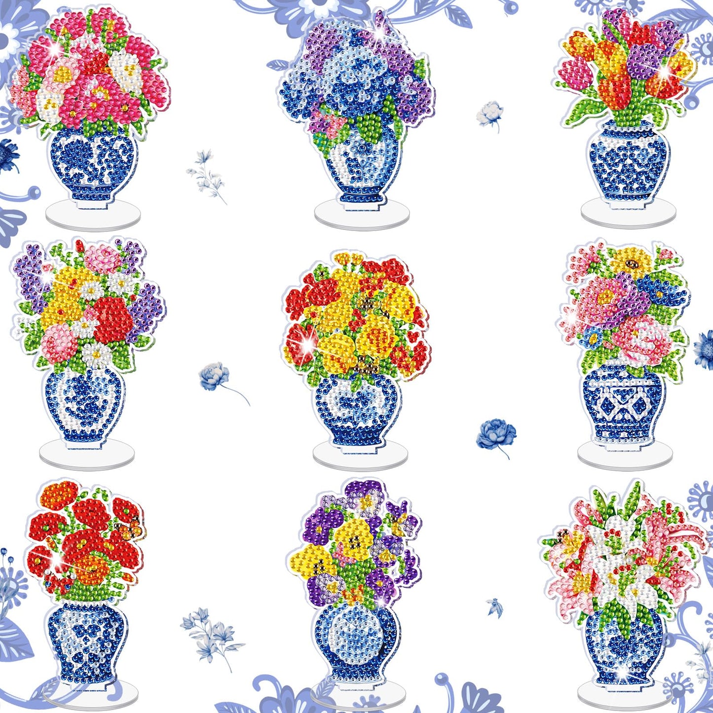 Kosiz 9 Pcs Spring Diamond Painting Tabletop Decoration, Double-sided Acrylic Chinoiserie Porcelain Diamond Art Kit for Adult, DIY 5D Rhinestone Blue White Flower Centerpiece for Table Home Desk Decor