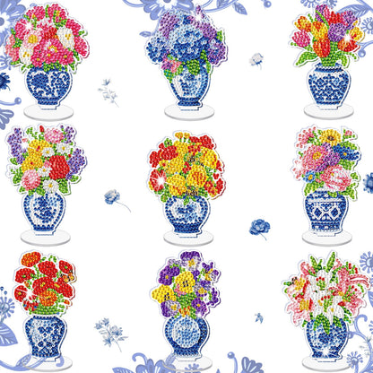 Kosiz 9 Pcs Spring Diamond Painting Tabletop Decoration, Double-sided Acrylic Chinoiserie Porcelain Diamond Art Kit for Adult, DIY 5D Rhinestone Blue White Flower Centerpiece for Table Home Desk Decor