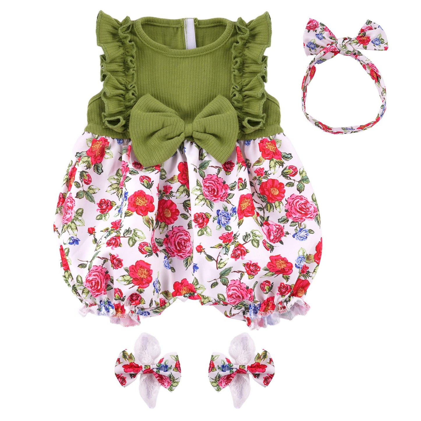 BABESIDE 3 Pcs Reborn Baby Doll Clothes Set for 17-20 Inch Babys Doll, Floral Jumpsuit, Bow Headband and Socks for Realistic Dolls Girl