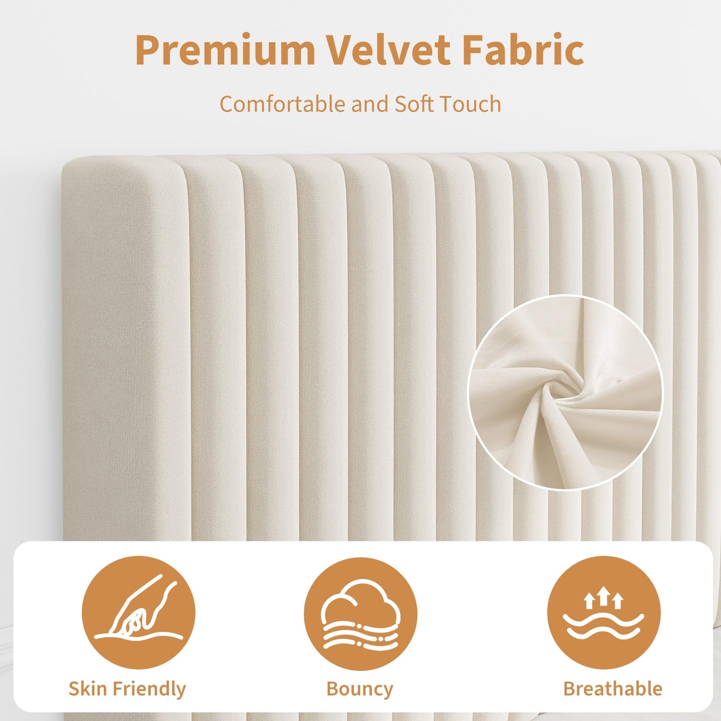 Garvee King Size Velvet Bed Frame, Vertical Channel Tufted Headboard, Height Adjustable, Upholstered Platform Bed, No Box Spring Needed, Beige
