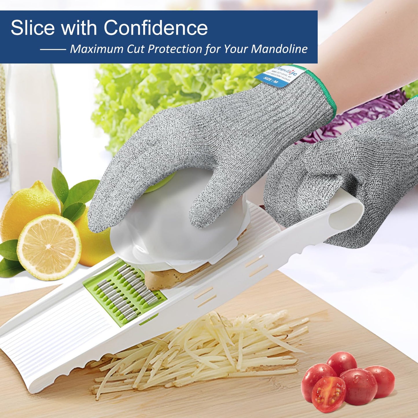 Dowellife Cut Resistant Gloves A9 Maximum Protection - Food Grade Kitchen & Chef Gloves for Food Prep, Knife Cutting, Mandoline Slicing, Butcher, Oyster Shucking, Fish Handling (Large)