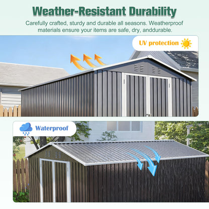 YOPTO 8x12 FT Large Outdoor Storage Shed with Lockable Doors & Floor Base,Weather-Resistant Metal Tool Shed for Garden, Backyard,Patio,Lawn,Gray