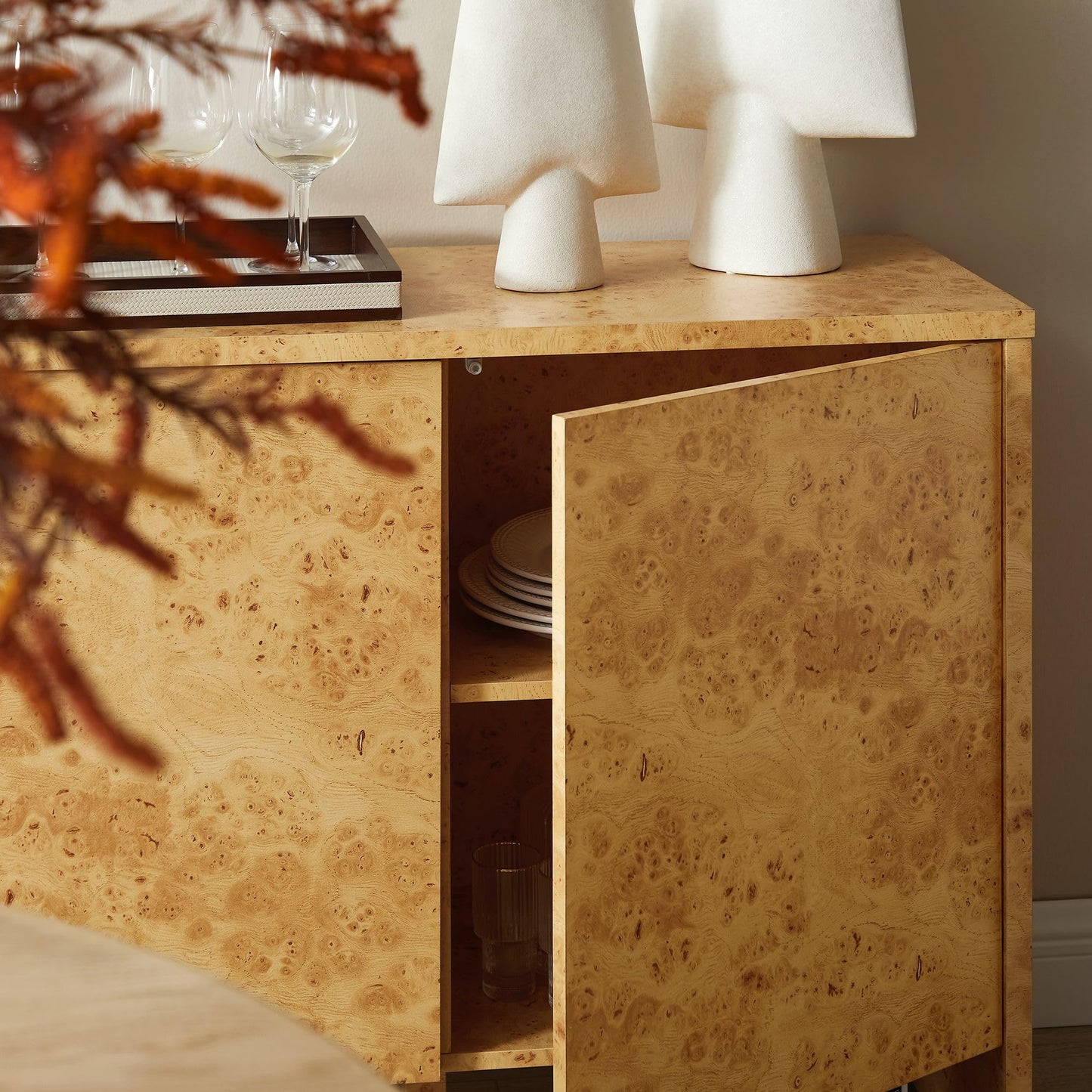 Modway Hudson Burl Wood Sideboard with 3 Doors in Natural - Modern Buffet Cabinet - Versatile High TV Stand Media Cabinet - 60 Inch Storage Sideboard for Living Room with Doors and Shelves