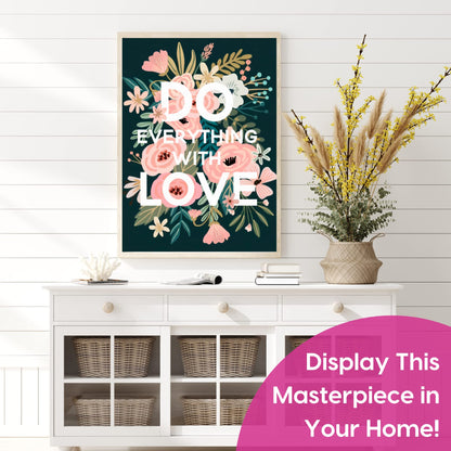 Modern Merch Flowers Diamond Art for Adults Motivational Quote and Sayings 'Do Everything with Love' Inspiring 5D Diamond Painting for Adults, Floral Wall Decor DIY Cross Stitch Round Drill 12x16