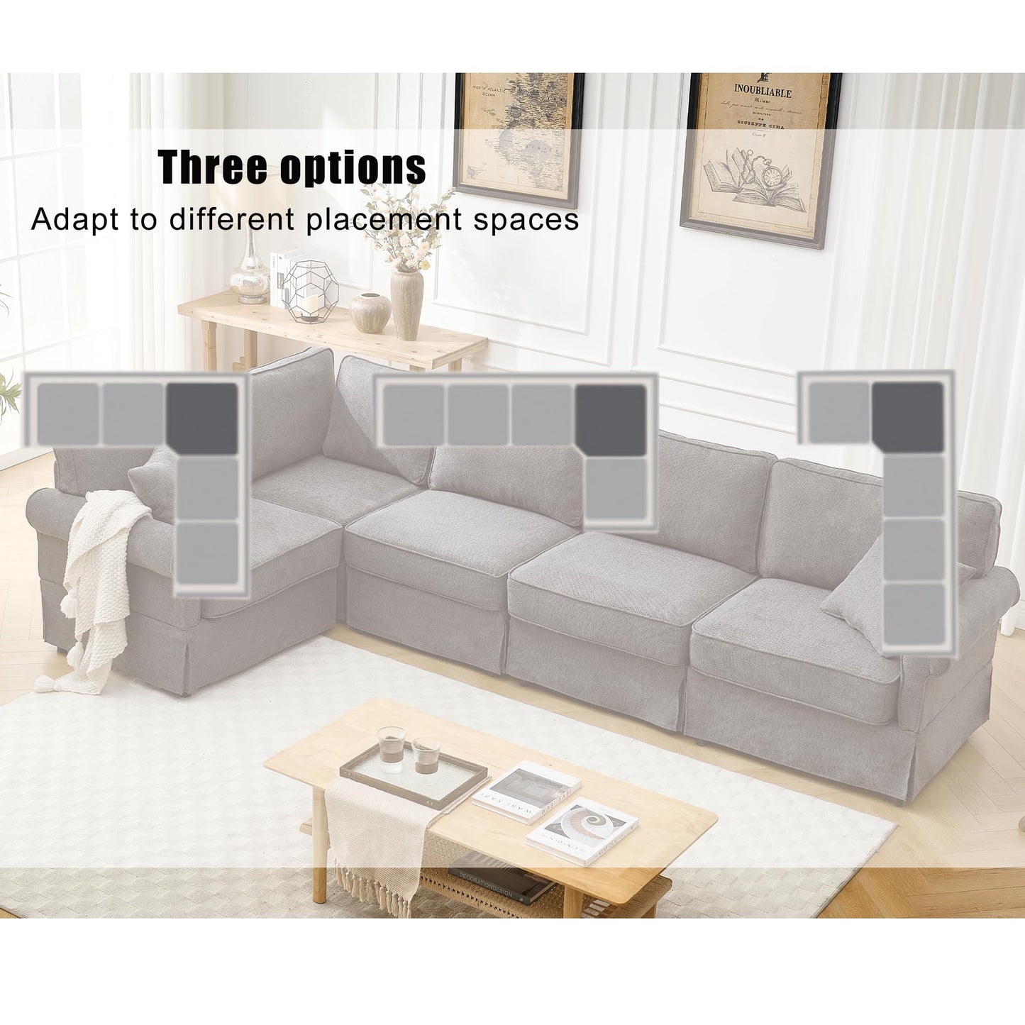 KEIKI 94" L-Shaped Oversized Modular Linen Sectional Sofa with Rolled Arms, Cushion Back, Modern Style Convertible 5-Seater Corner Couch, Easy Assembly, for Apartment, Living Room, Bedroom, Dark Gray